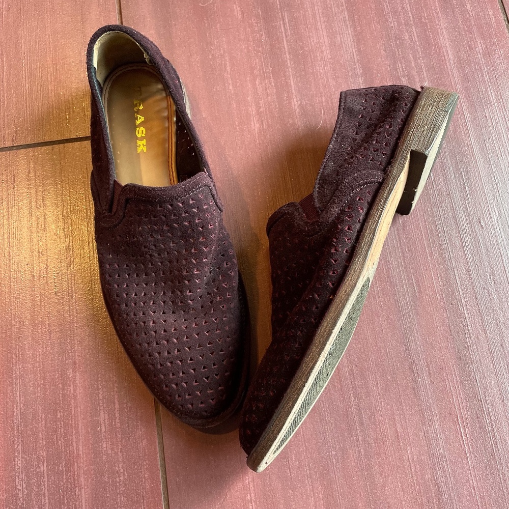 Trask Ali perforated burgundy suede loafer slip on
